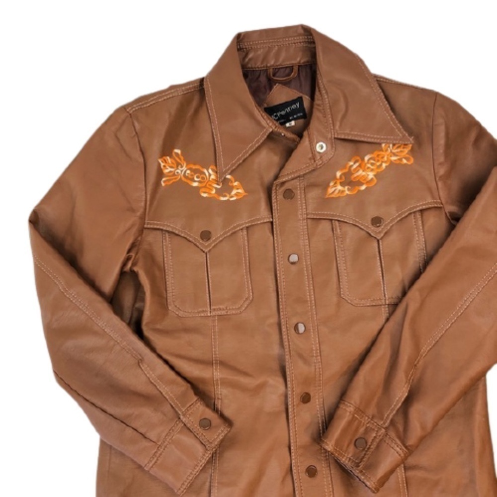 Vintage 70s Embroidered vegan Leather Jacket Medium retro